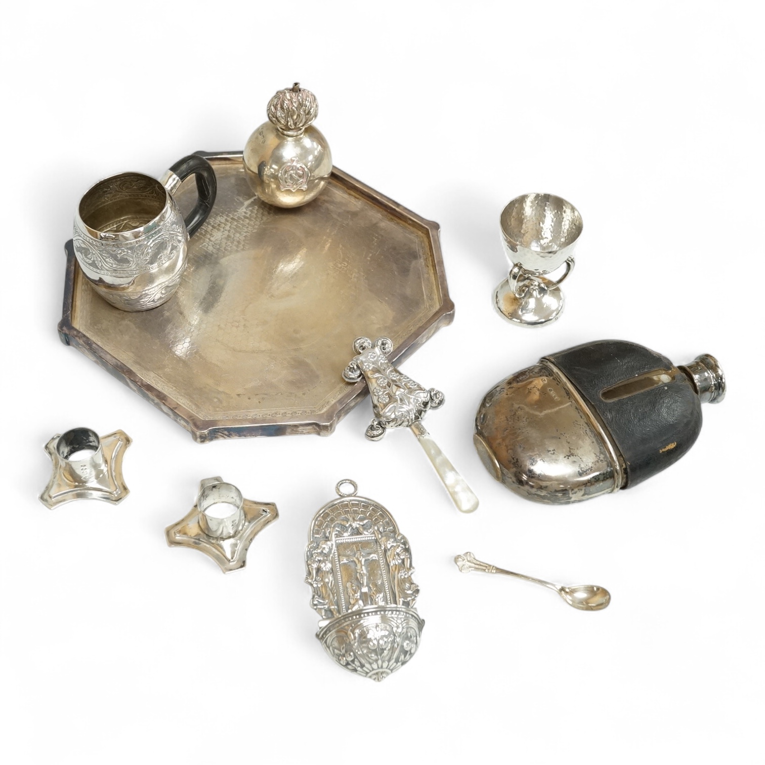 A late 19th century French small white metal Holy Water stoop, 11.4cm, together with a Victorian silver and leather mounted glass hip flask(a.f.), a late Victorian silver 'grenade' lighter by Sampson Mordan & Co, two sil